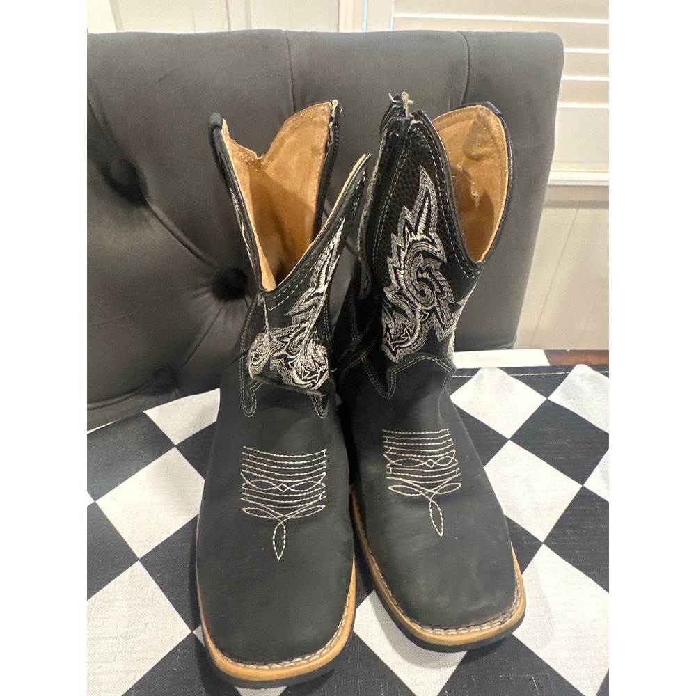 Chaparral Kids Black Leather Western Cowboy Boots Square Toe Side Zip Size 20/3Y